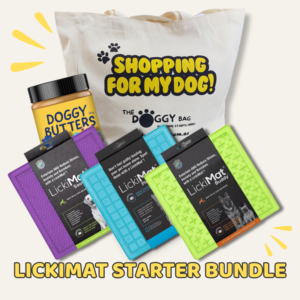 Lickimat Starter Bundle with 'Doggy Butters' and 'The Doggy Bag' on a white background