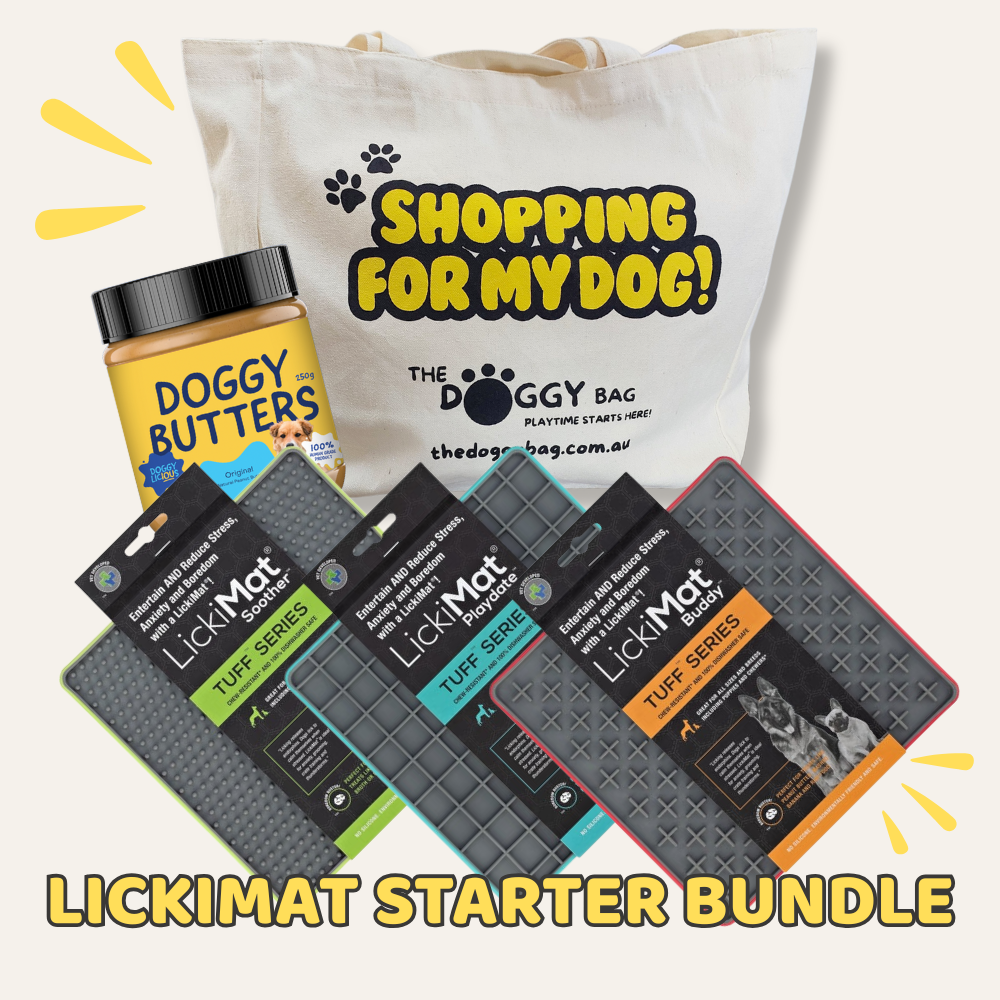 Lickimat Starter Bundle with 'Doggy Butters' and 'The Doggy Bag' on a white background
