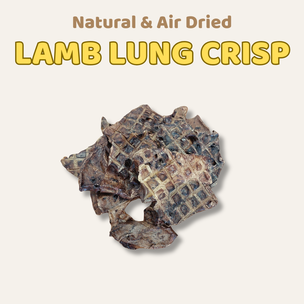 Lamb lung crisp with text 'Natural & Air Dried Lamb Lung Crisp' on a beige background
