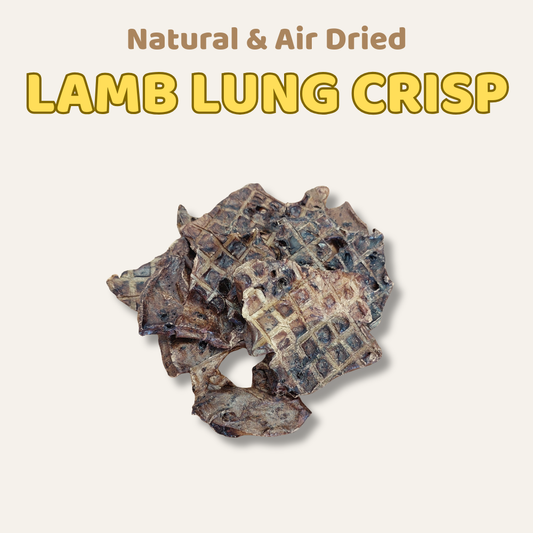 Lamb lung crisp with text 'Natural & Air Dried Lamb Lung Crisp' on a beige background