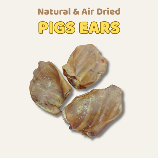 Three air-dried pig ears on a light background with text 'Natural & Air Dried Pigs Ears'.