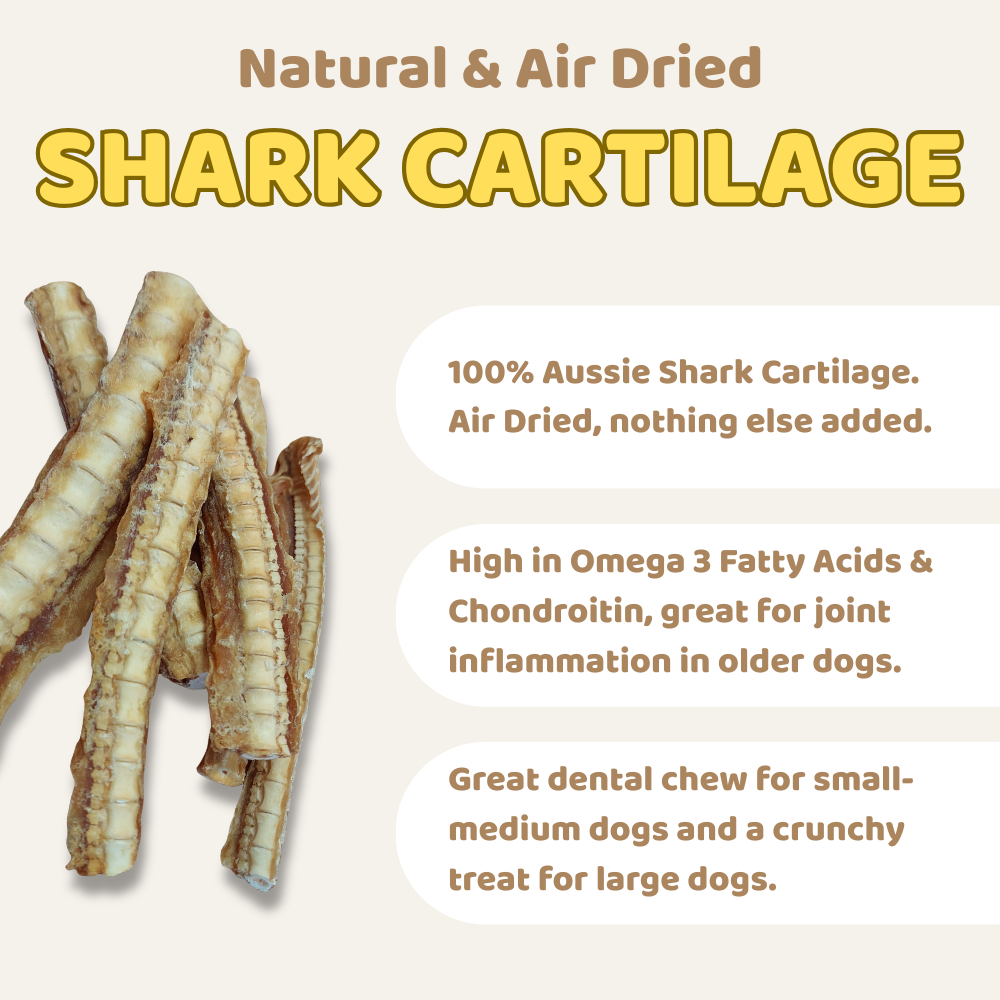 Shark cartilage strips with text about natural and air-dried shark cartilage for dogs on a beige background.