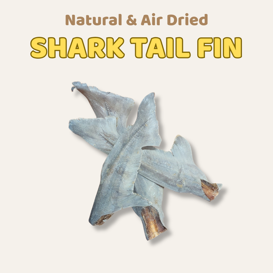 Air dried shark tail fin with text on a beige background