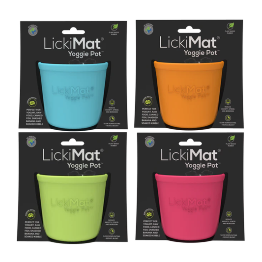 Lickimat Yoggi Pot, image of 4 x yoggie pots, Blue, Green, Orange and Pink