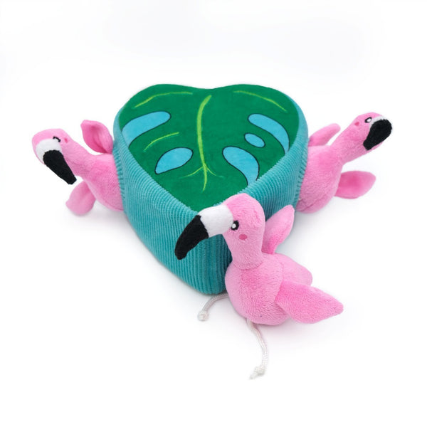 Zippy Paws Burrow Interactive Dog Toy- Flamingoes in a Monstera Leaf