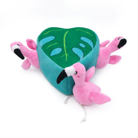 Zippy Paws Burrow Interactive Dog Toy- Flamingoes in a Monstera Leaf