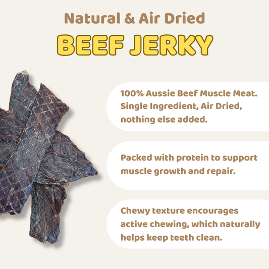Beef jerky with text about its natural and air-drying process on a beige background