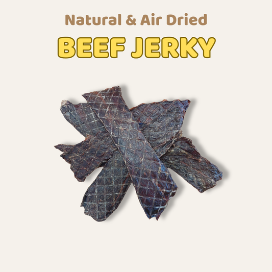 Beef jerky pieces on a light background with 'Natural & Air Dried Beef Jerky' text.