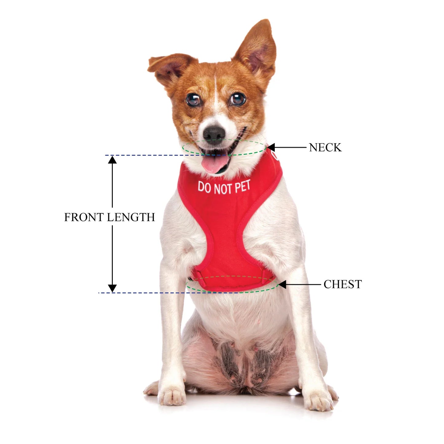 Do Not Pet dog harness. Vibrant red harness to let others know your dog should not be approached. How to measure chart.