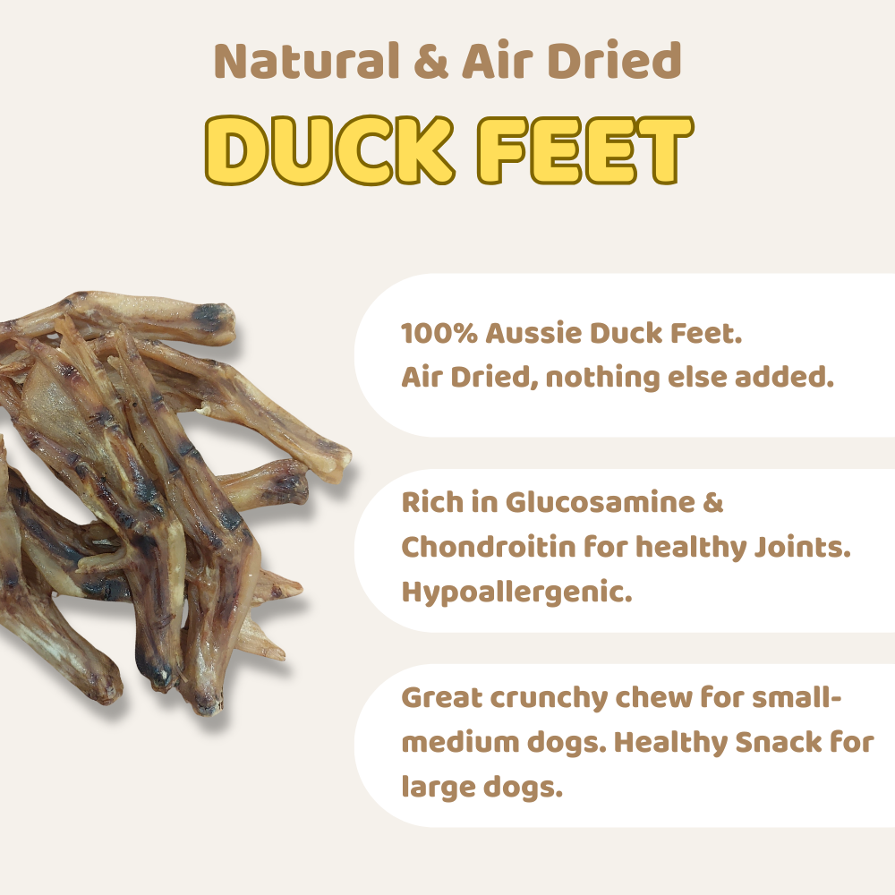 Dried duck feet with text about natural and air-dried duck feet on a beige background