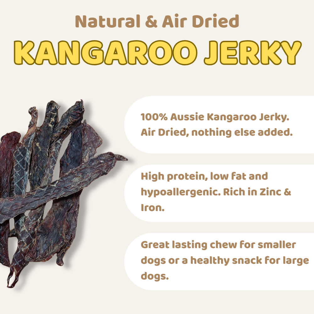 Kangaroo jerky with text about its natural and air-drying process, nutritional benefits, and uses.