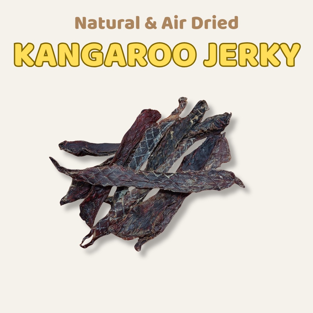Kangaroo jerky with text 'Natural & Air Dried Kangaroo Jerky' on a light background