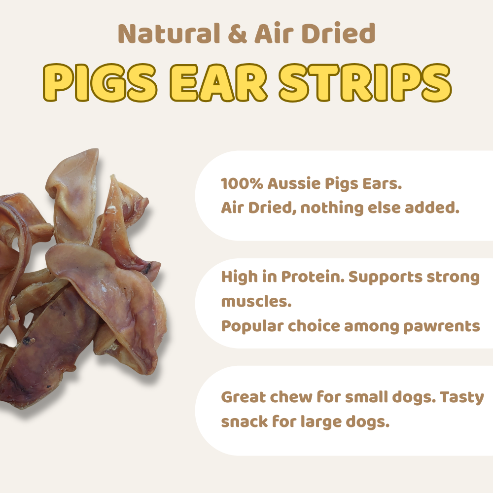 Pigs ear strips with text about natural and air-dried product on a beige background