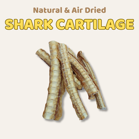 Natural and air-dried shark cartilage on a beige background with text.