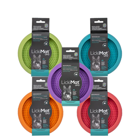 LickiMat® UFO is the ideal soothing aid when it comes to grooming, Bath time or for use just as a Lick mat. Made for use on vertical surfaces, UFO design to catch Saliva and food. The little nubs soothe your dog as they lick, helping reduce stress and anxiety.