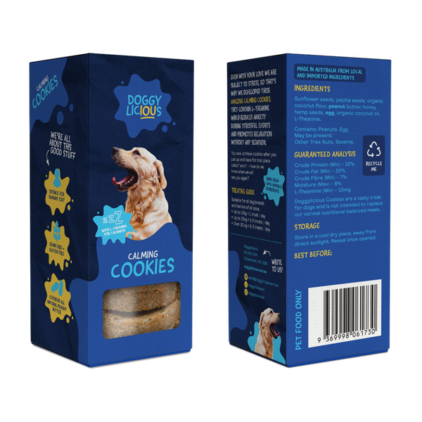 Doggylicious Calming Cookies have been created to help ease Anxiety in your Dog as well as being a yummy treat! They contain L-Theanine which reduces anxiety during stressful events and promotes relaxation without sedation. 