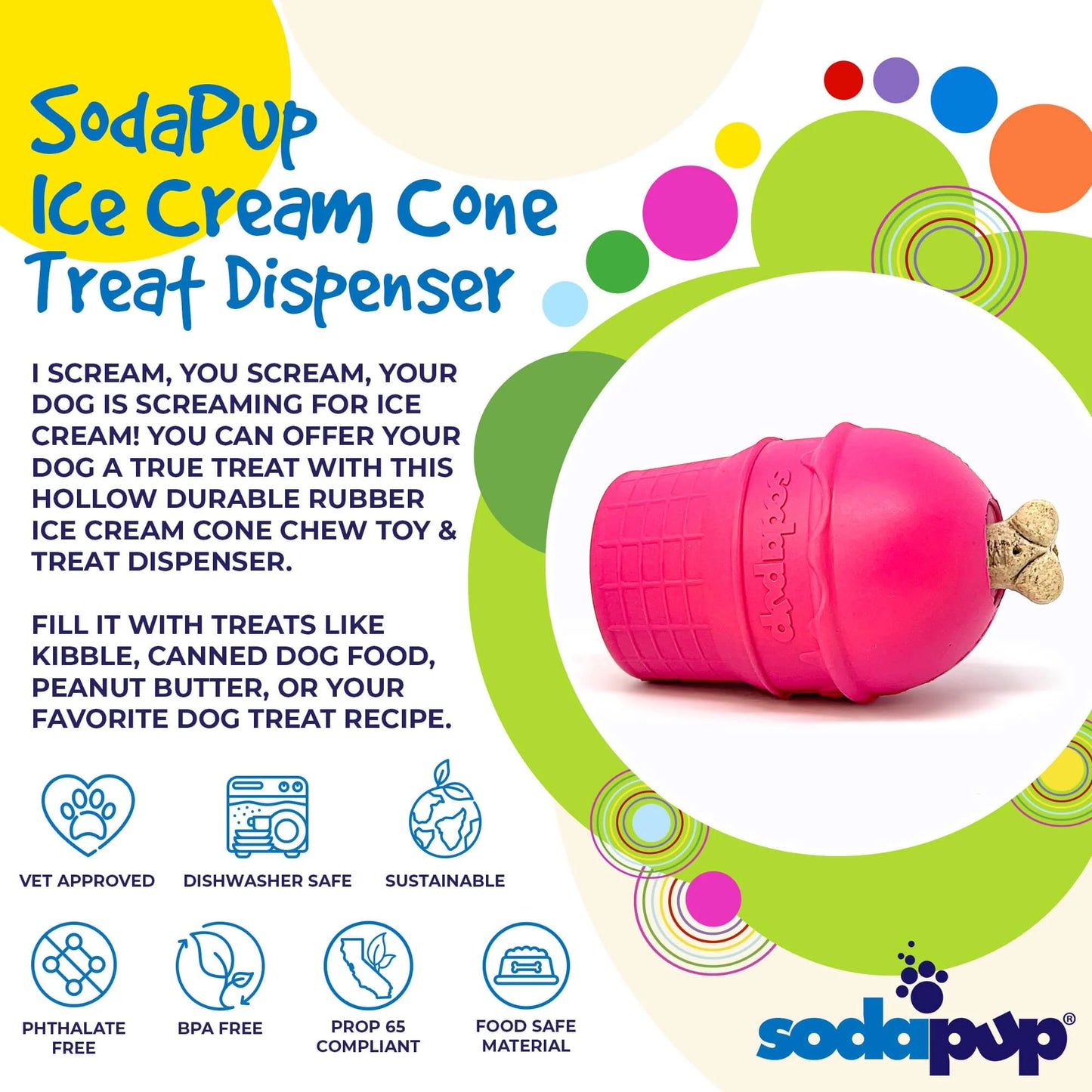 Sodapup Ice Cream Cone Chew Toy and Treat Dispenser- Medium