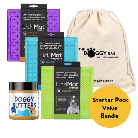Licks get it started Lick Mat Starter Bundle for Dogs Original. Features 3 x LickiMats and Doggylicious Doggy Butter. Perfect Enrichment for dogs helps reduce Anxiety . lick mat, slow feeder for dogs. Dog Enrichment.
