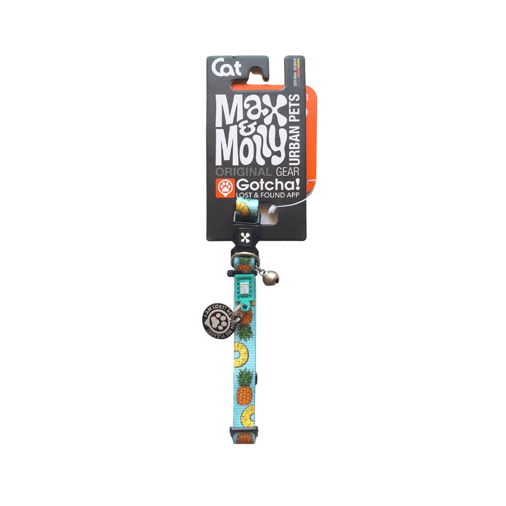 Max and Molly Urban Pets smart ID Cat Collar helps get your pet home safe. Pineapple design cat collar.