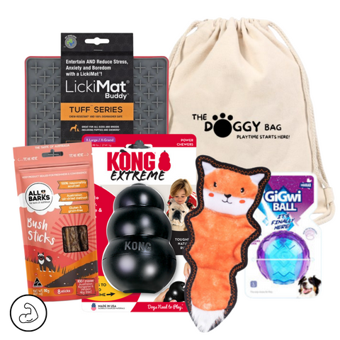 The Doggy Bag Entertainer Dog Toy and Treat Bundle. Includes Australian Made Bush sticks Dog Treats From All Barks, LickiMat Buddy Large, KONG Extreme Xlarge, GiGwi Ball Large Dog Toy. Great for reducing Boredom and anxiety in Dogs