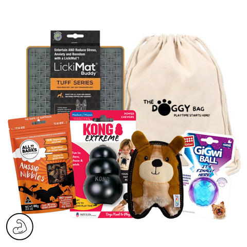 The Doggy Bag Entertainer Dog Toy and Treat Bundle for small Dogs, includes LickiMat Buddy, All Barks Aussie Nibbles Dog Treats, Outward Hound Puppy Invincibles squeaky dog toy, GiGwi Ball Small, KONG Extreme Medium. Perfect dog enrichment bundle, ease boredom and anxiety in your dog.