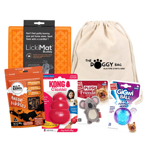 The Doggy Bag Entertainer Dog Toy and Treat Bundle for small Dogs, includes LickiMat Buddy, All Barks Aussie Nibbles Dog Treats, GiGwi Plush Friendz Koala, GiGwi Ball Small, KONG Classic Medium.