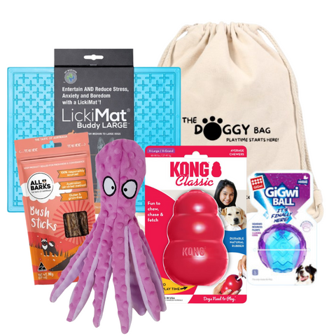 The Doggy Bag Entertainer Dog Toy and Treat Bundle. Includes Australian Made Bush sticks Dog Treats From All Barks, LickiMat Buddy Large, KONG Classic X Large , GiGwi Ball Large, Crinkle Octopus Dog Toy. Great for reducing Boredom and anxiety in Dogs