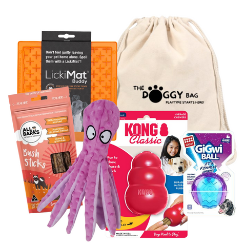 The Doggy Bags Entertainer Dog Toy and Treat Bundle for bored dogs. All Barks Bush Sticks Australia Made Dog Treats, Crinkle squeaky Octopus Dog Toy, GiGwi Ball Medium, KONG Classic Large, LickiMat Slow Feeder for Dogs. Great Gift idea for Dogs.