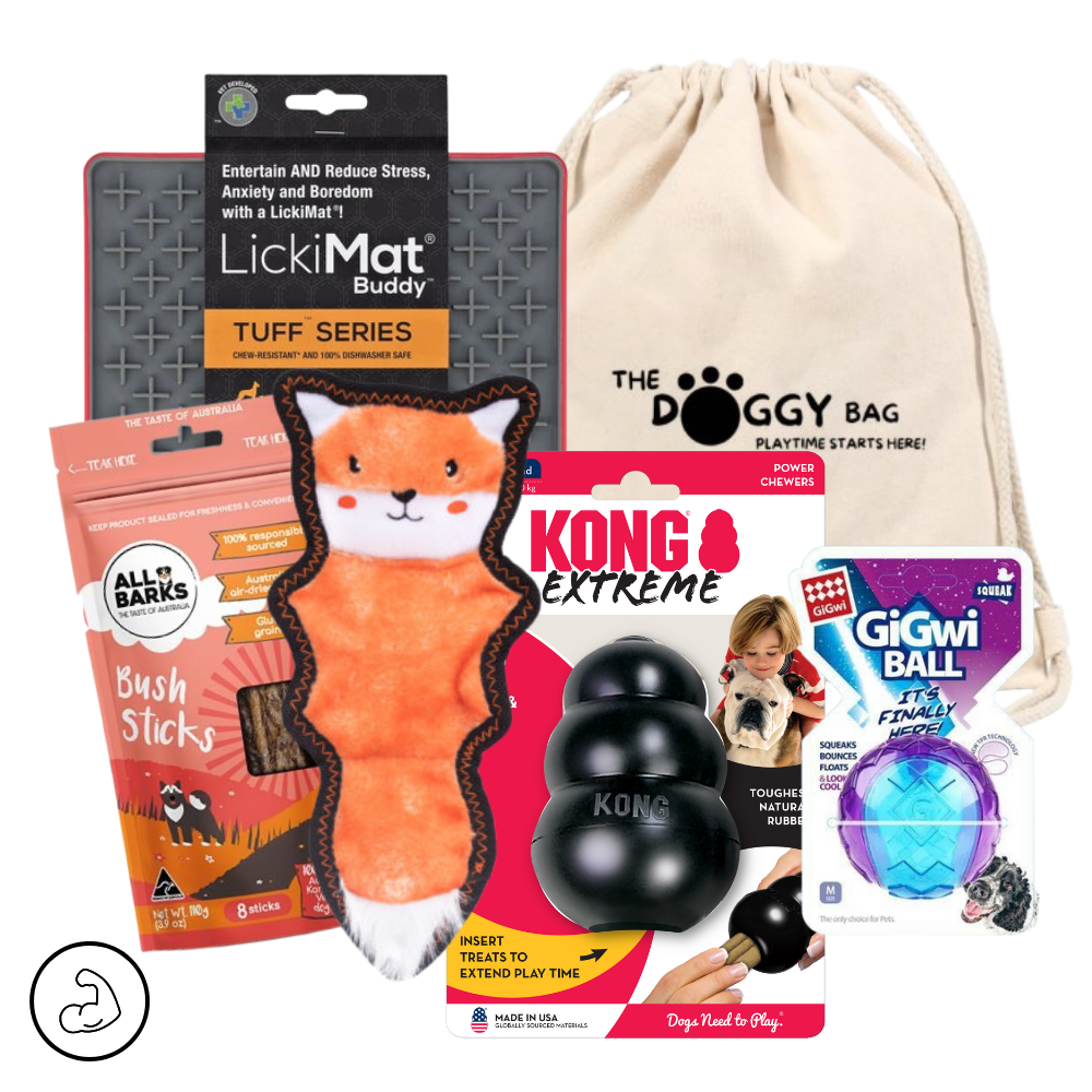 The Doggy Bag Entertainer Dog Toy and Treat Bundle. Includes Australian Made Bush sticks Dog Treats From All Barks, LickiMat Buddy TUFF. KONG Extreme Treat dispenser ., GiGwi Ball , Z-Stitch Fox squeaky dog toy by Zippy Paws. Great for reducing Boredom and anxiety in Dogs