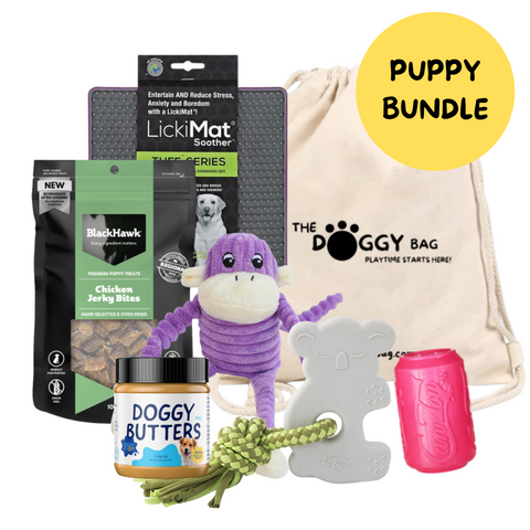 The Entertainer Enrichment Bundle for puppies. Entertain your new puppy with premium toys and treats, combat boredom and associated behaviours with this enriching bundle from The Doggy Bag