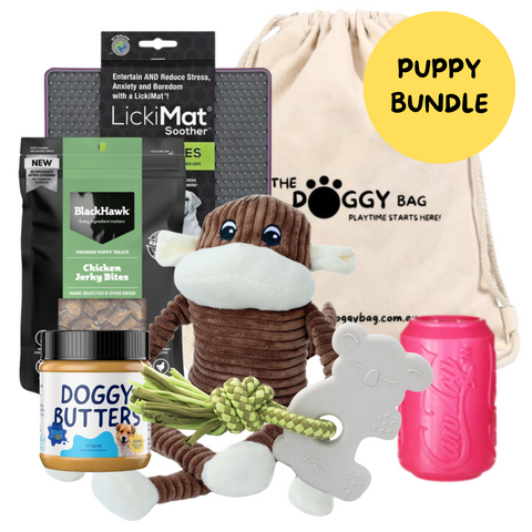 The Doggy Bag Puppy Entertainer bundle. Stop boredom with your puppy through enrichment. Toys and Treats to keep your dog busy and entertained. Lick Mats, treat dispensers and chew toys for dogs and puppies.