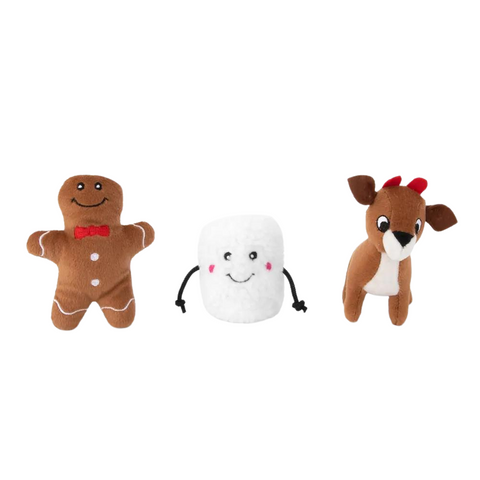 Zippy Paws Miniz Squeaker Dog Toys Santa's Friends- 3-Pack - Gingerbread, Marshmallow & Reindeer
