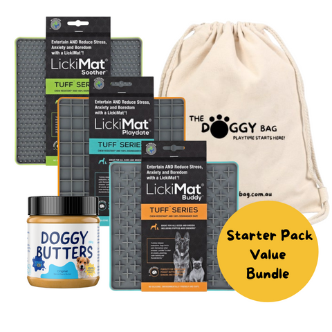 Licks get it started LickiMat started Bundle for Dogs. Helps Reduce Boredom and Anxiety in Dogs. Includes 3 x LickiMats and 1 250g Jar of Doggylicious all natural Doggy Butters. Lick mat, slow feeder for dogs. Dog Enrichment.