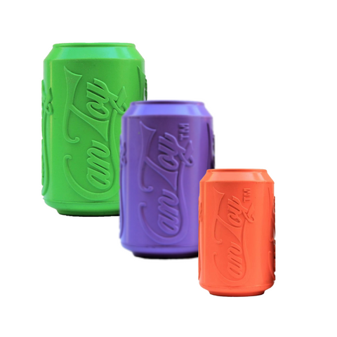 Soda Pup Can Toy. Dog treat dispenser and chew toy. Available in 3 sizes and colours. Slow feeder, dog enrichment durable treat dispenser.