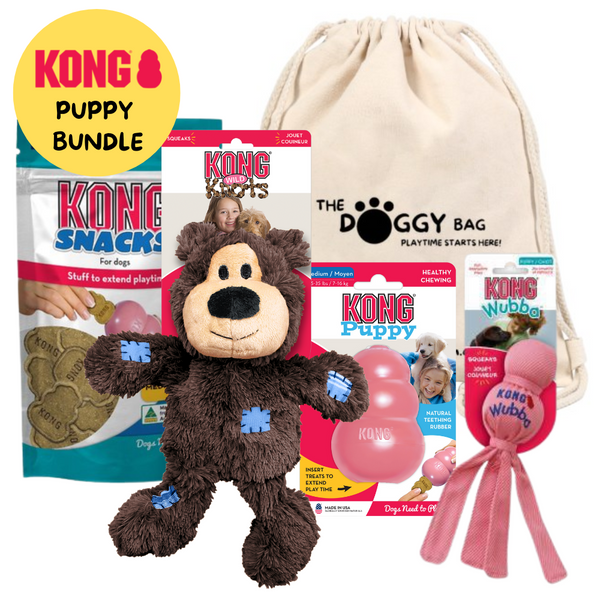 KONG Puppy Doggy Bag Bundle for medium to large puppies. Enrichment Bundle for dogs. Dog toy and treat bundle for puppies. New puppy toys. Slow feeder.