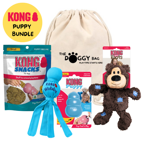 Entertain your new puppy with the KONG puppy bundle. a mix of dog toy and enrichment for your puppy. Help fight boredom and assist in crate training.