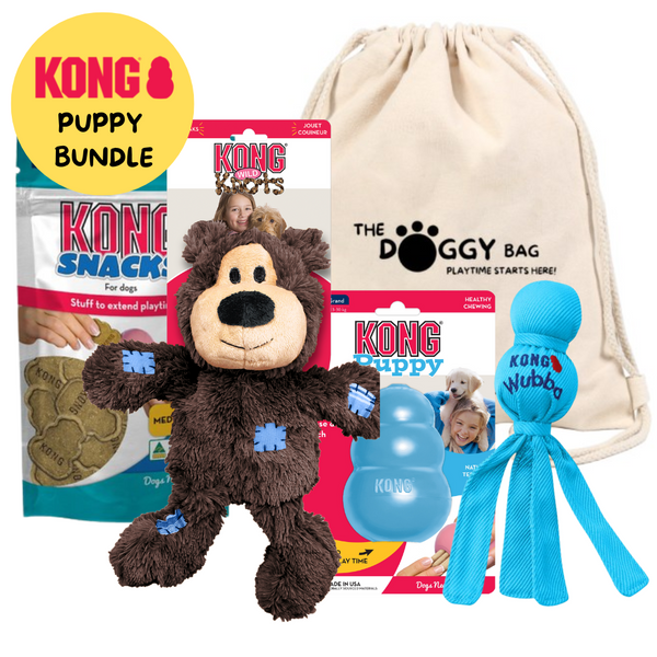 KONG Puppy Doggy Bag Bundle for medium to large puppies. Enrichment Bundle for dogs. Dog toy and treat bundle for puppies. New puppy toys. Slow feeder.