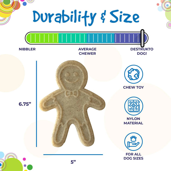 Sodapup Nylon Gingerbread Man Dog Chew Toy. Made tough for power chewers. Christmas Dog Toy. Durability and Size chart.