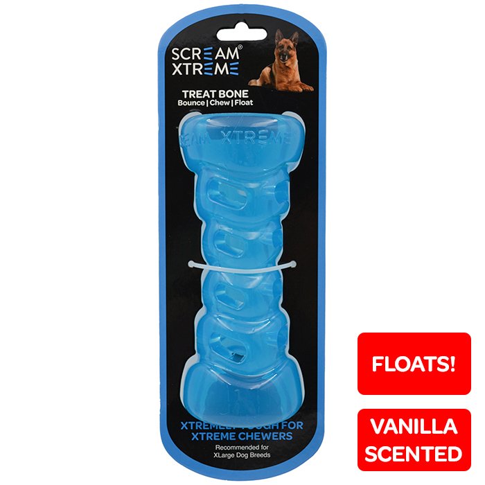 Scream Xtreme Treat Bone Loud Blue XL Tough Dog Toy for Power Chewers