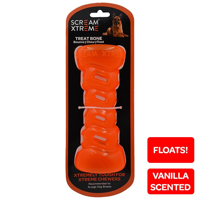 Scream Xtreme Treat Bone Loud Orange XL Tough Dog Toy for Power Chewers