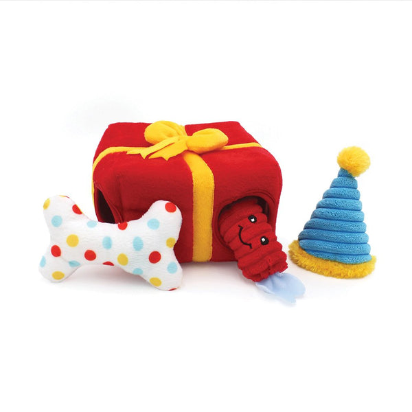 Zippy Paws Zippy Burrow interactive hide and seek game for dogs. Birthday themed present for dogs.