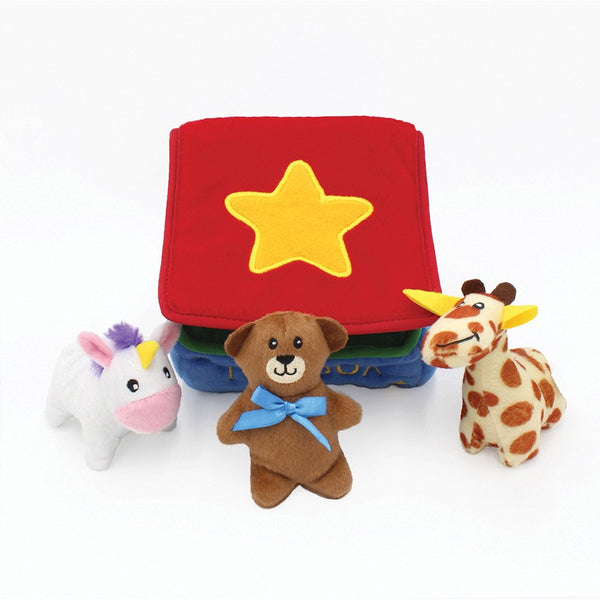 Zippy Paws Zippy Burrow Toy Box. This interactive hide-and-seek toy features a Toy Box burrow and 3 squeaky miniz,(Unicorn, Teddy Bear and Giraffe), each little miniz has an internal squeaker to engage playtime.