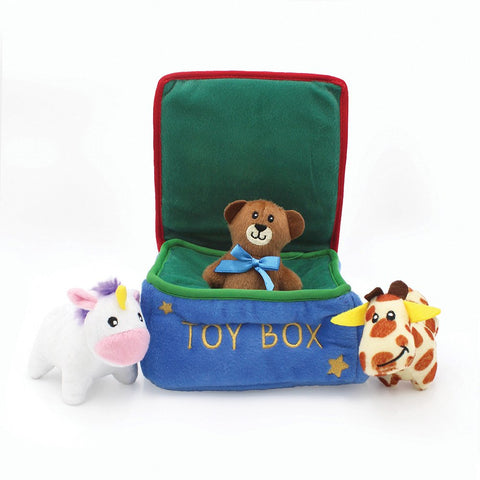 Zippy Paws Zippy Burrow Toy Box. This interactive hide-and-seek toy features a Toy Box burrow and 3 squeaky miniz,(Unicorn, Teddy Bear and Giraffe), each little miniz has an internal squeaker to engage playtime. 
