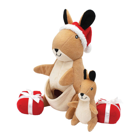 Zippy Paws Holiday Burrow Dog Toy - Festive Kangaroo Pouch and 3 squeaky miniz