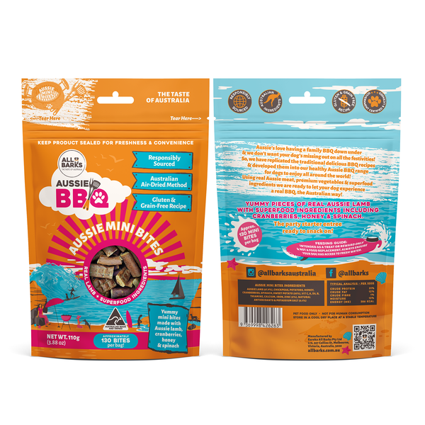 All Barks Aussie mini Bites, perfect training reward or use in enrichment for dogs including treat dispensers. Australian made dog treats that are good for your dog.