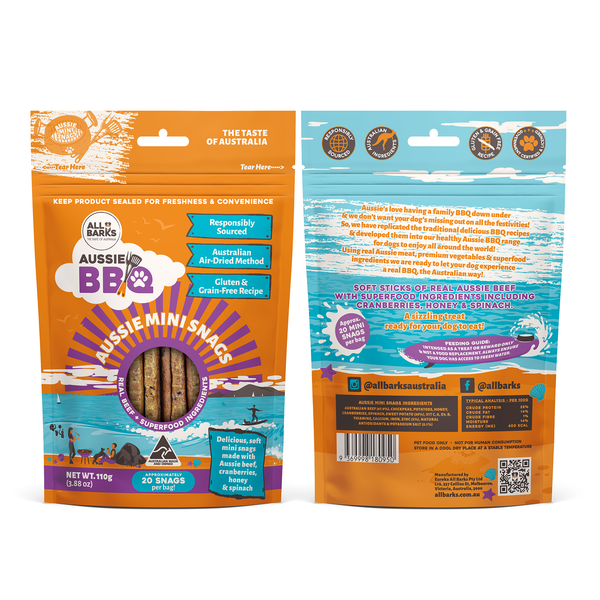 All Barks Aussie BBQ Mini Snags Australian Made Dog Treats that are good for your dog Ideal as a snack or reward.