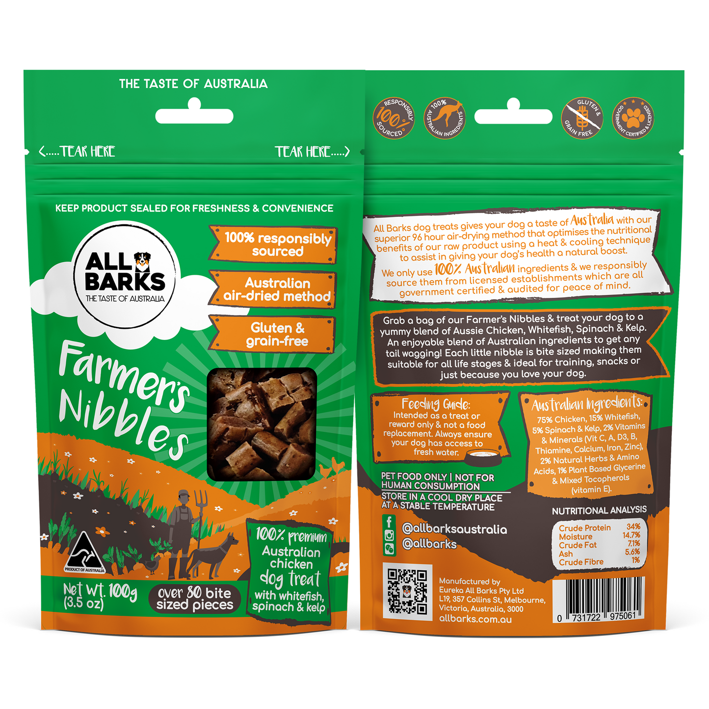 All Barks Farmer’s Nibbles and treat your dog to a yummy blend of Aussie chicken, whitefish, spinach and kelp. An enjoyable blend of Australian ingredients to get any tail wagging! Each little nibble is bite sized making them suitable for all life stages and ideal for training, snacks or just because you love your dog.
