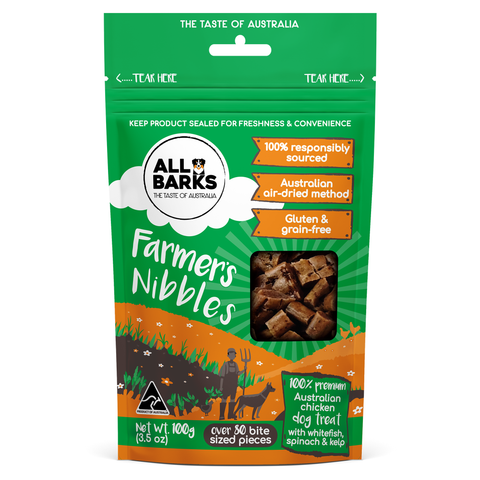 All Barks Farmer’s Nibbles and treat your dog to a yummy blend of Aussie chicken, whitefish, spinach and kelp. An enjoyable blend of Australian ingredients to get any tail wagging! Each little nibble is bite sized making them suitable for all life stages and ideal for training, snacks or just because you love your dog.