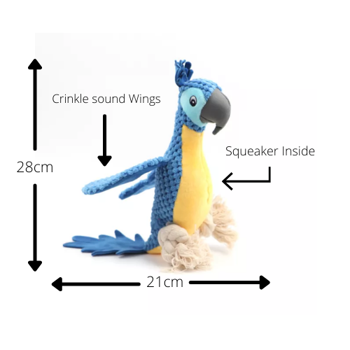 The Doggy Bag's Plush Blue/Yellow Parrot Dog Toy with Squeaker