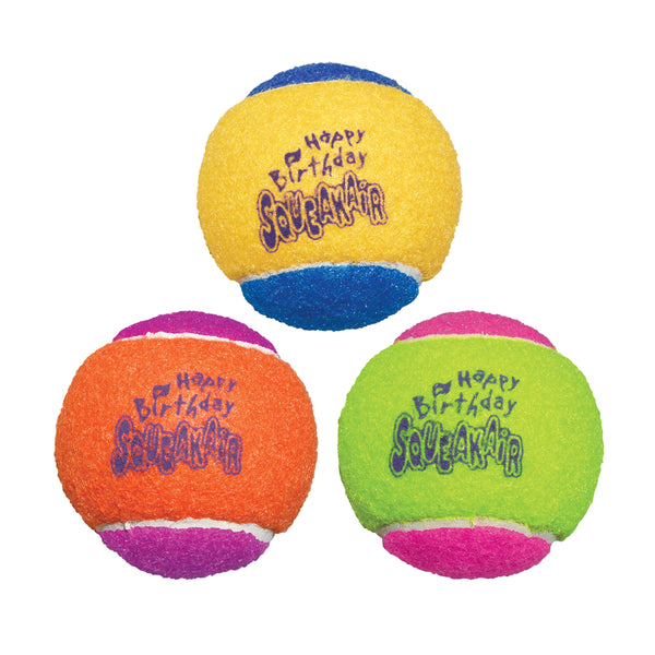 Dog fetch toy ball. KONG Birthday balls. pack of birthday themed dog toy ball to help celebrate your pups birthday. Dog birthday toys.